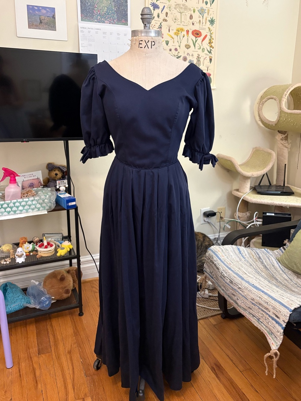 Vintage Laura Ashley Navy Puff-Sleeve Maxi Dress